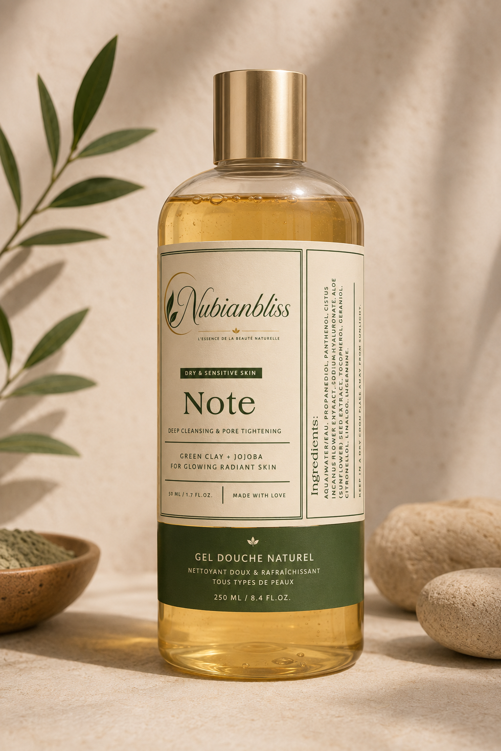 Gel Douche Naturel Nubianbliss dans un décor végétal