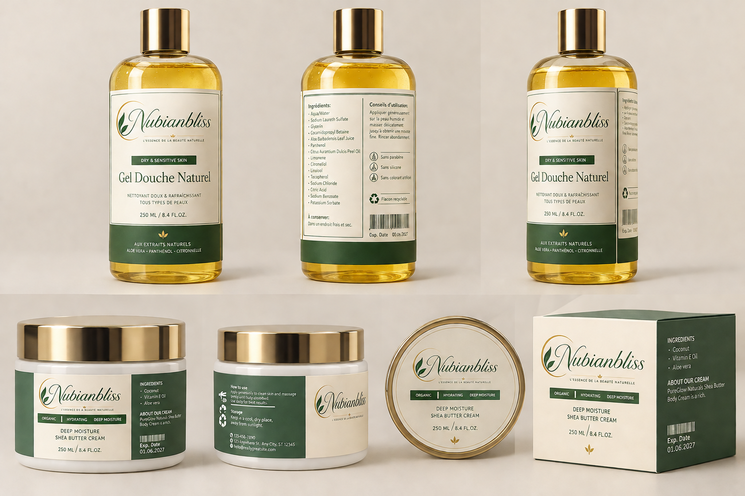 Les emballages crème, vert profond et doré de Nubianbliss